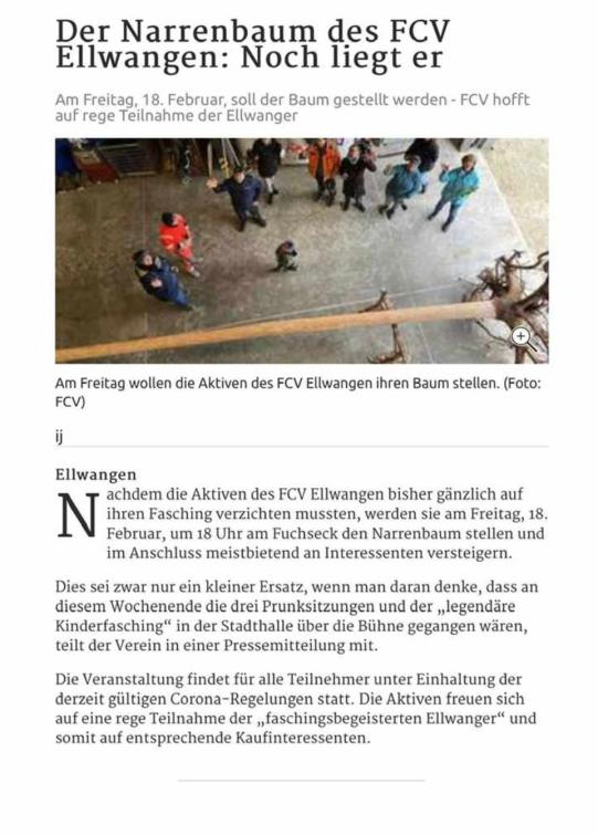 Narrenbaumstellen der Virngrundkrähen des FCV Ellwangen